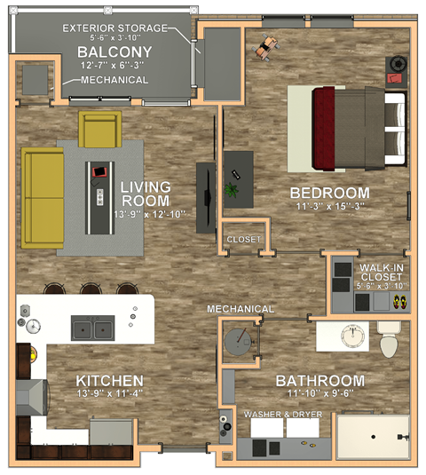 1bedroom 1bath Floor Plan at 41 North Apartments, Fort Wayne, IN, 46835